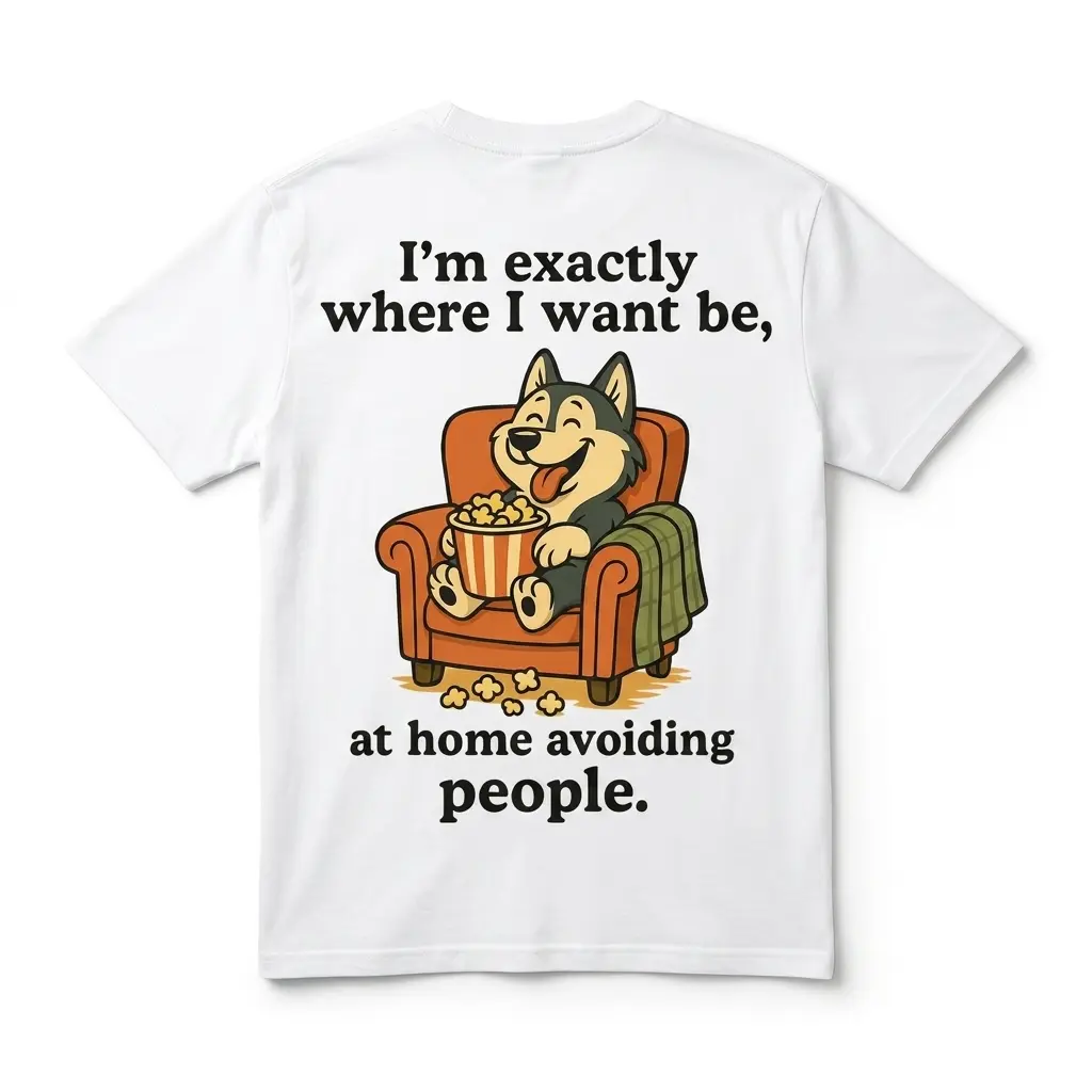 White t-shirt with a dog illustration on a chair, holding popcorn, text reads: 'I'm exactly where I want to be, at home avoiding people.