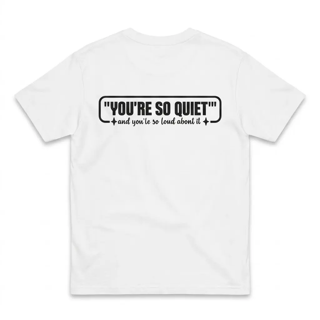 Back flat lay of a white t-shirt featuring the sarcastic quote You're So Quiet and you're so loud about it in black text.
