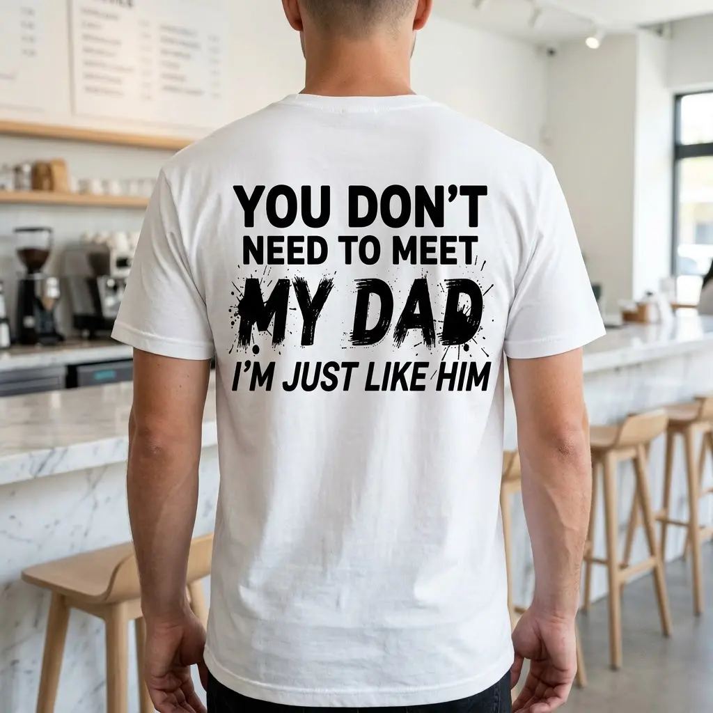 Funny Just Like My Dad Sarcastic T-Shirt 5 A person wearing the white sarcastic t-shirt featuring the bold print on the back in a casual setting.