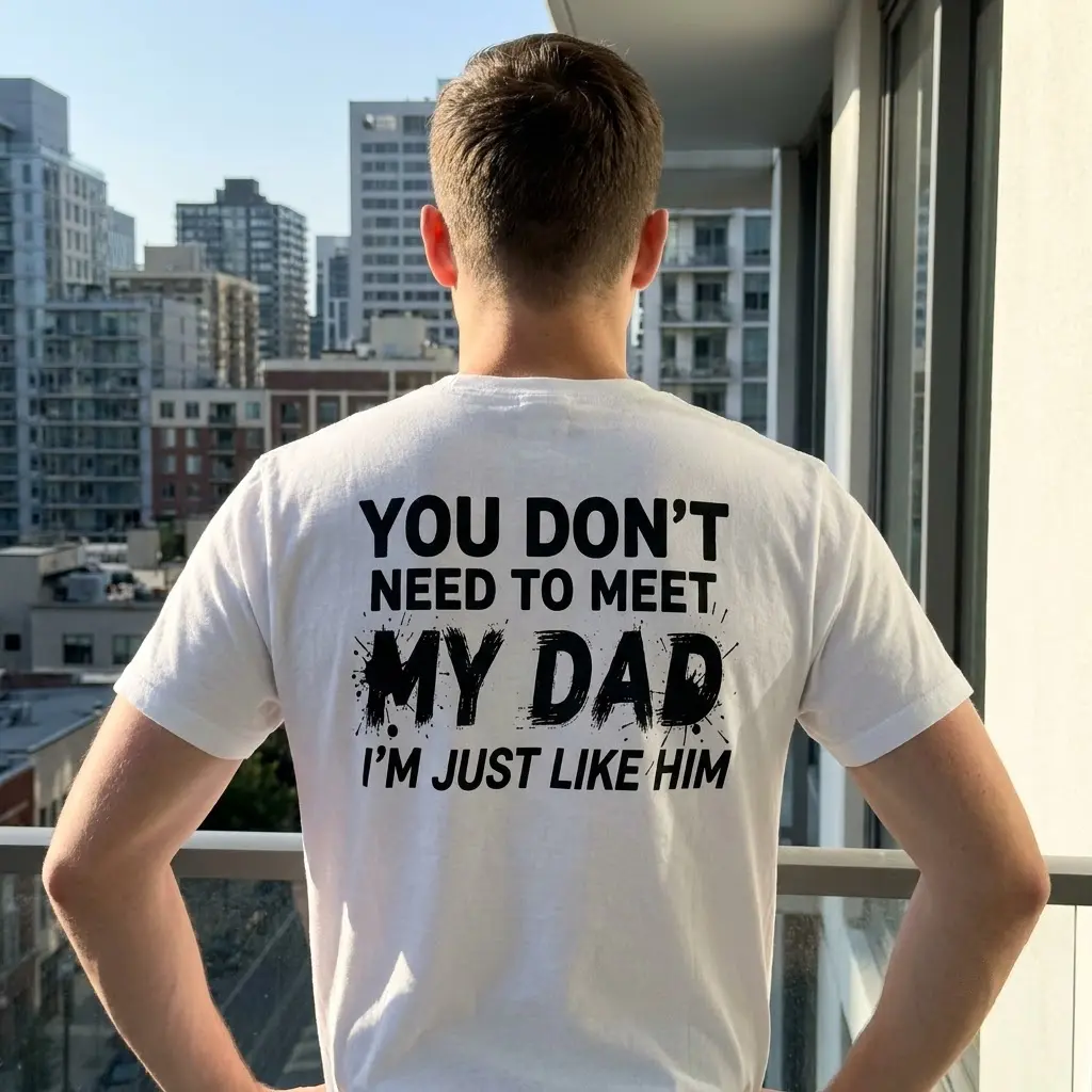 Funny Just Like My Dad Sarcastic T-Shirt 6 Close-up lifestyle shot of the humorous family-themed design printed on the back of a white garment.