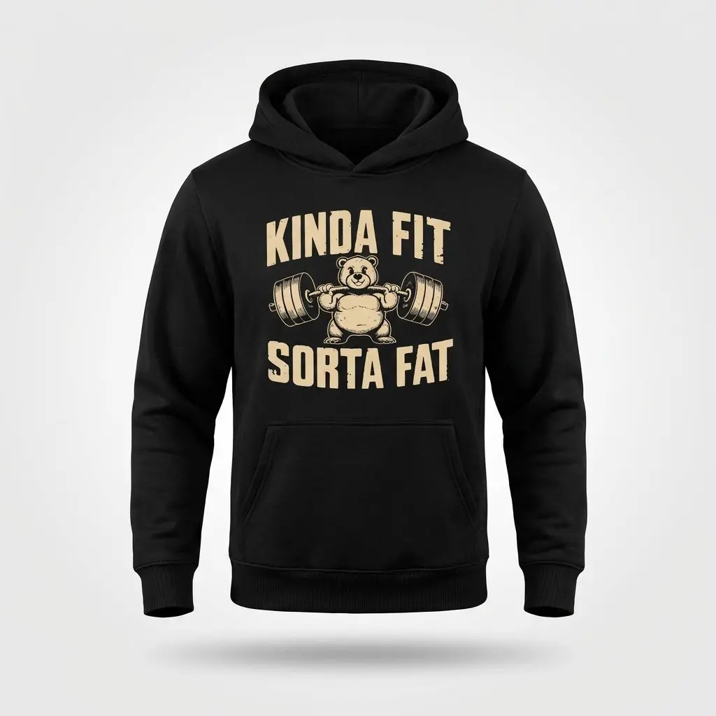 Front view flat lay of a hoodie featuring the Kinda Fit Sorta Fat bear weightlifting graphic.