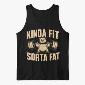 Funny Kinda Fit Sorta Fat Bear Gym T-Shirt 8 Flat lay view of a tank top with the humorous Kinda Fit Sorta Fat bear powerlifting design.