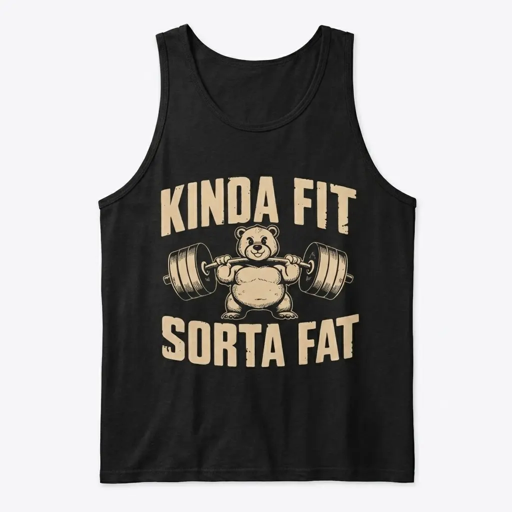 Flat lay view of a tank top with the humorous Kinda Fit Sorta Fat bear powerlifting design.