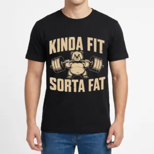 Funny Kinda Fit Sorta Fat Bear Gym T-Shirt 9 Front view of a male model wearing the black Kinda Fit Sorta Fat gym graphic t-shirt.