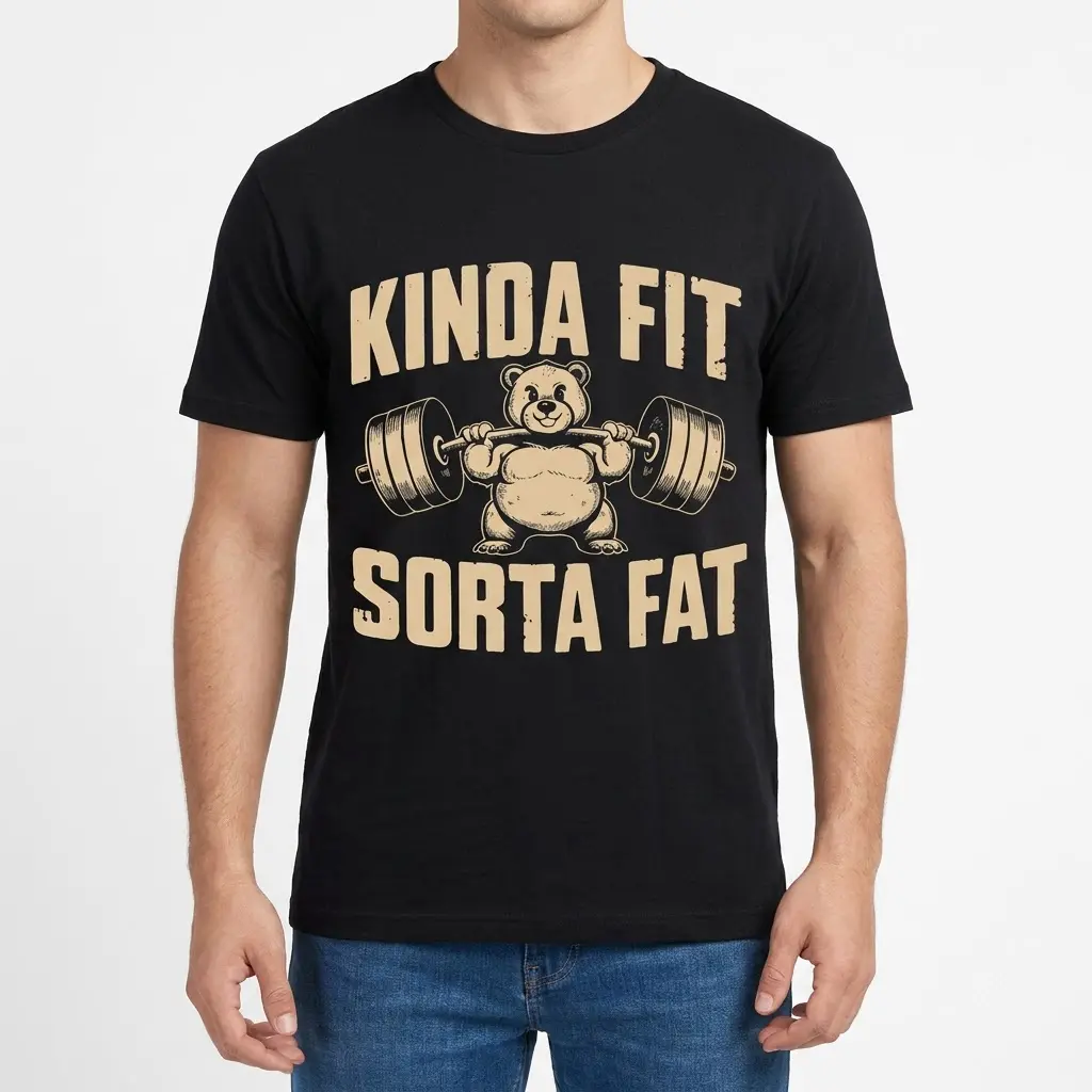 Front view of a male model wearing the black Kinda Fit Sorta Fat gym graphic t-shirt.