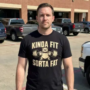 Funny Kinda Fit Sorta Fat Bear Gym T-Shirt 10 Lifestyle view of the Kinda Fit Sorta Fat bear workout shirt worn in a casual setting.