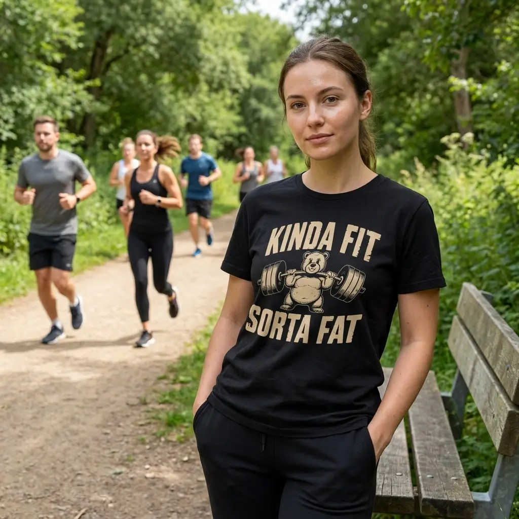 Close-up lifestyle view showing the funny weightlifting bear graphic on the Kinda Fit Sorta Fat shirt.