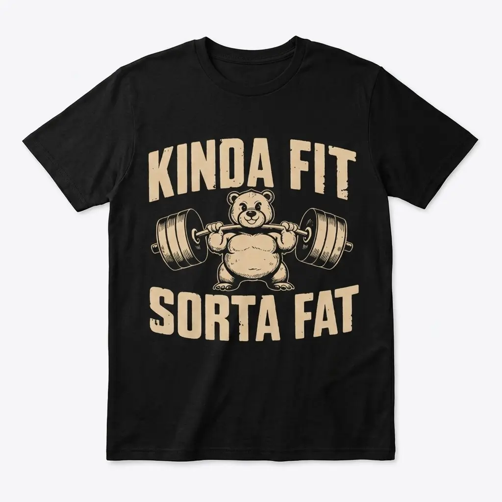 Flat lay of a black t-shirt featuring a chubby bear lifting a heavy barbell with Kinda Fit Sorta Fat text.