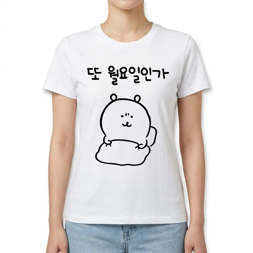 Funny Korean Monday Blues Graphic T-Shirt 4 Close-up of the t-shirt's neckline, showing the stitching.