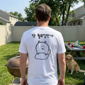 Funny Korean Monday Blues Graphic T-Shirt 11 Person wearing the t-shirt in an outdoor setting.