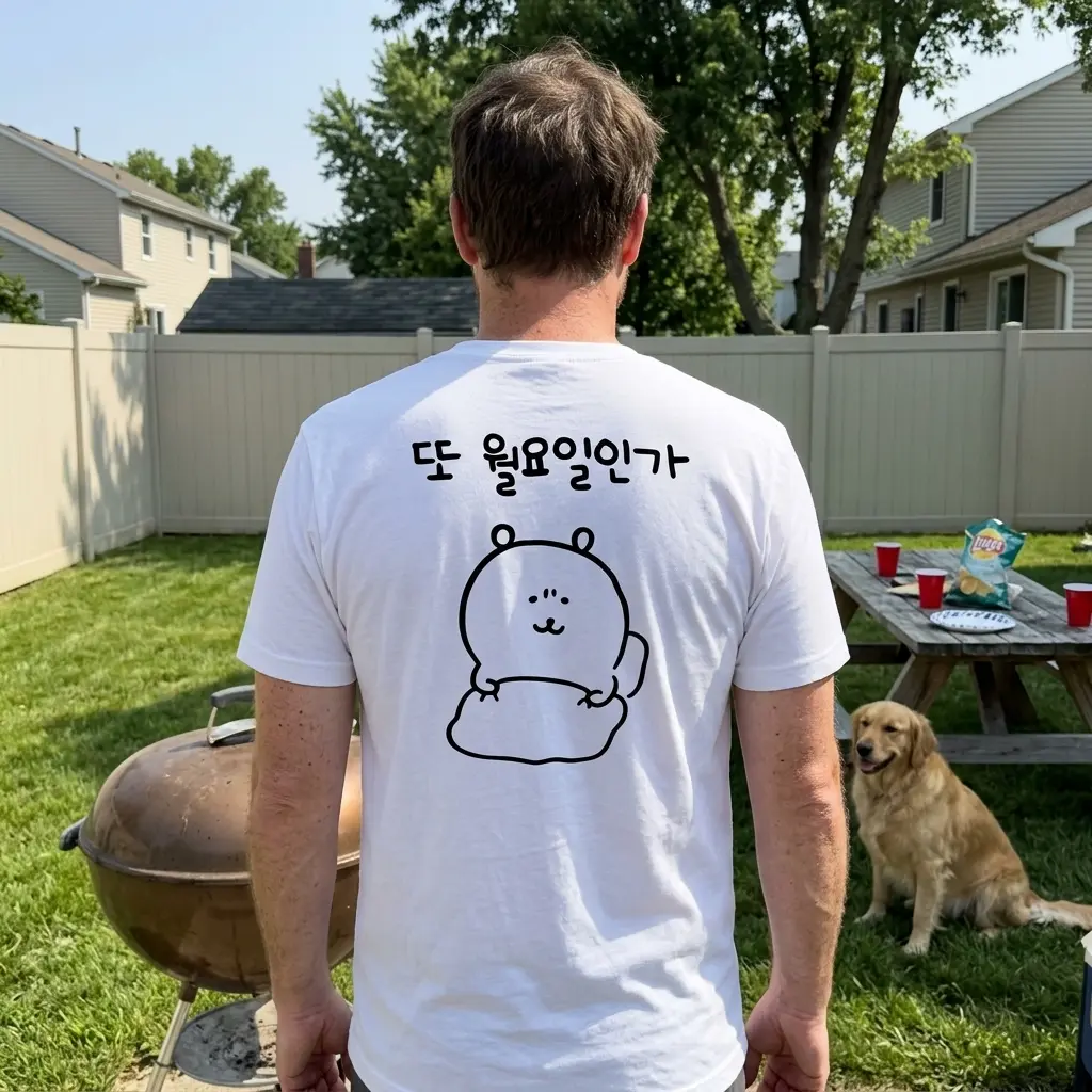 Funny Korean Monday Blues Graphic T-Shirt 6 Person wearing the t-shirt in an outdoor setting.