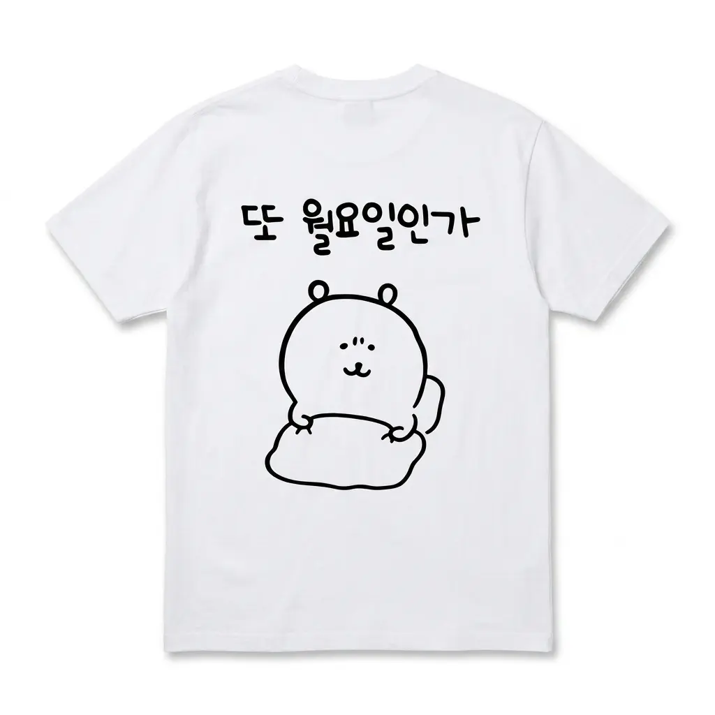 Funny Korean Monday Blues Graphic T-Shirt 1 Back view of a t-shirt featuring a Korean meme graphic of a cute bear holding a pillow.