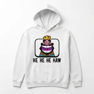 Funny Laughing King Meme T-Shirt 7 Humor t-shirt with a full front display of the laughing king character in a box and 'HE HE HE HAW' slogan.