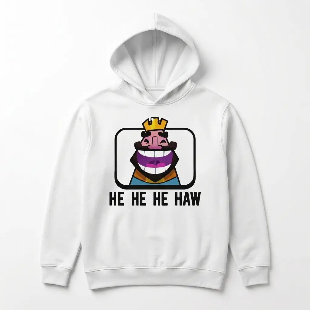 Funny Laughing King Meme T-Shirt 2 Humor t-shirt with a full front display of the laughing king character in a box and 'HE HE HE HAW' slogan.