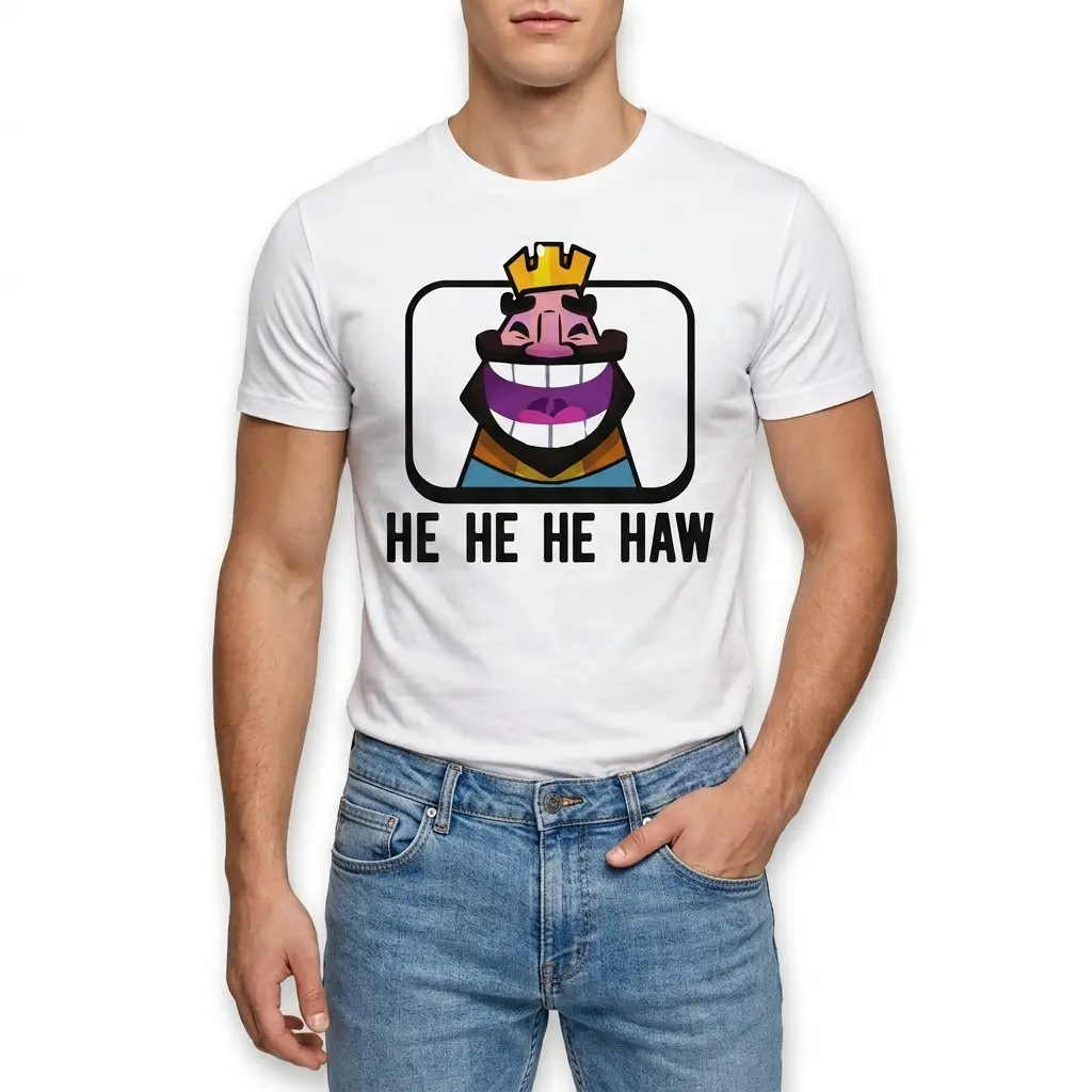 Funny Laughing King Meme T-Shirt 3 White crewneck t-shirt showcasing the iconic king's wide-mouthed laugh, with a golden crown and black beard.