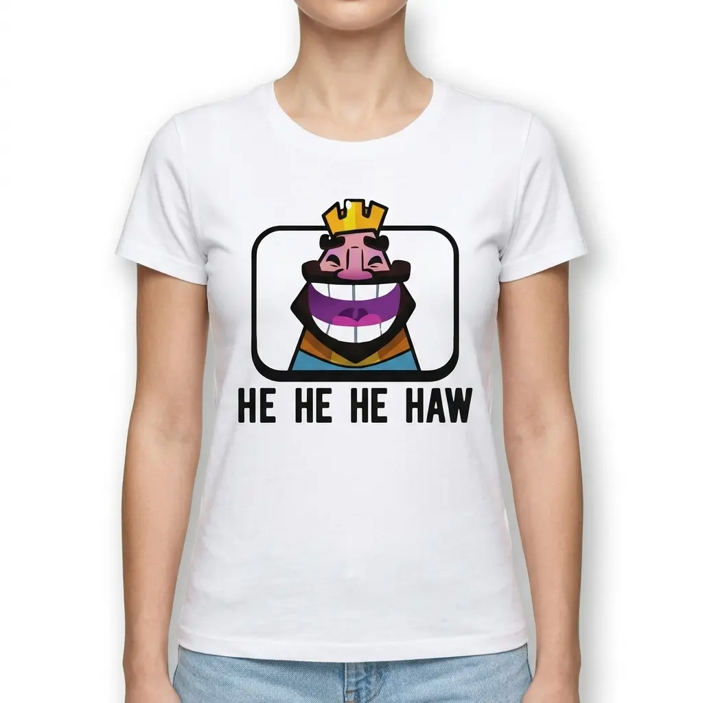 Funny Laughing King Meme T-Shirt 4 Funny graphic t-shirt featuring the popular 'HE HE HE HAW' meme with the expressive, laughing king illustration.