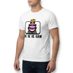 Funny Laughing King Meme T-Shirt 10 Close-up on the design of the white humor shirt, highlighting the cheerful king face and bold 'HE HE HE HAW'.