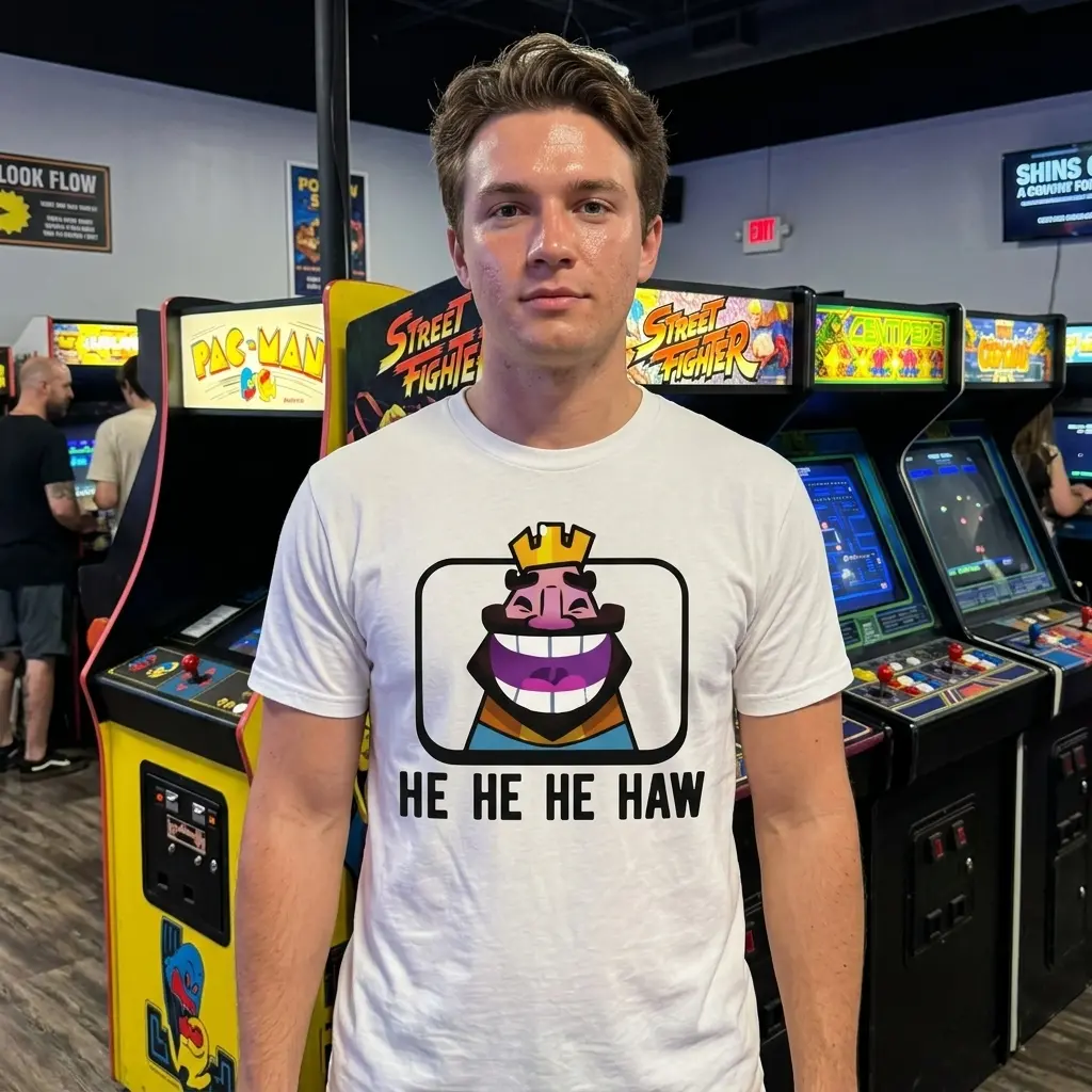Funny Laughing King Meme T-Shirt 6 White t-shirt for humor and meme enthusiasts, featuring the distinctive 'Laughing King' design and 'HE HE HE HAW' text.