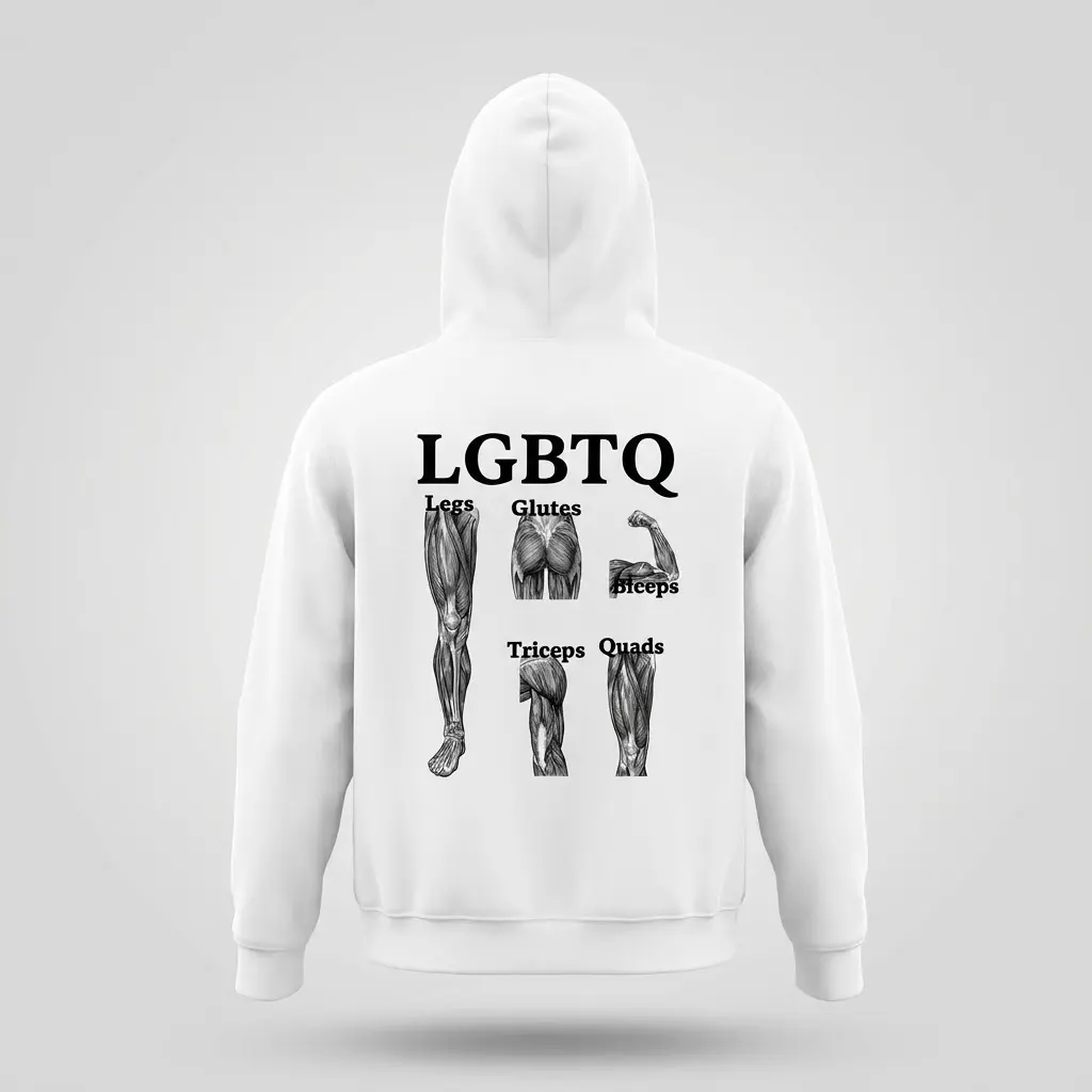 Back of a white hoodie laid flat featuring a funny gym-themed LGBTQ muscle group acronym graphic
