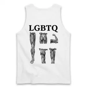 Funny LGBTQ Gym Workout Muscle T-Shirt 8 Back of a white tank top laid flat displaying a humorous LGBTQ muscle group acronym design for gym enthusiasts