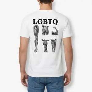 Funny LGBTQ Gym Workout Muscle T-Shirt 9 Male model showing the back of a white t-shirt printed with a humorous LGBTQ fitness muscle group acronym graphic