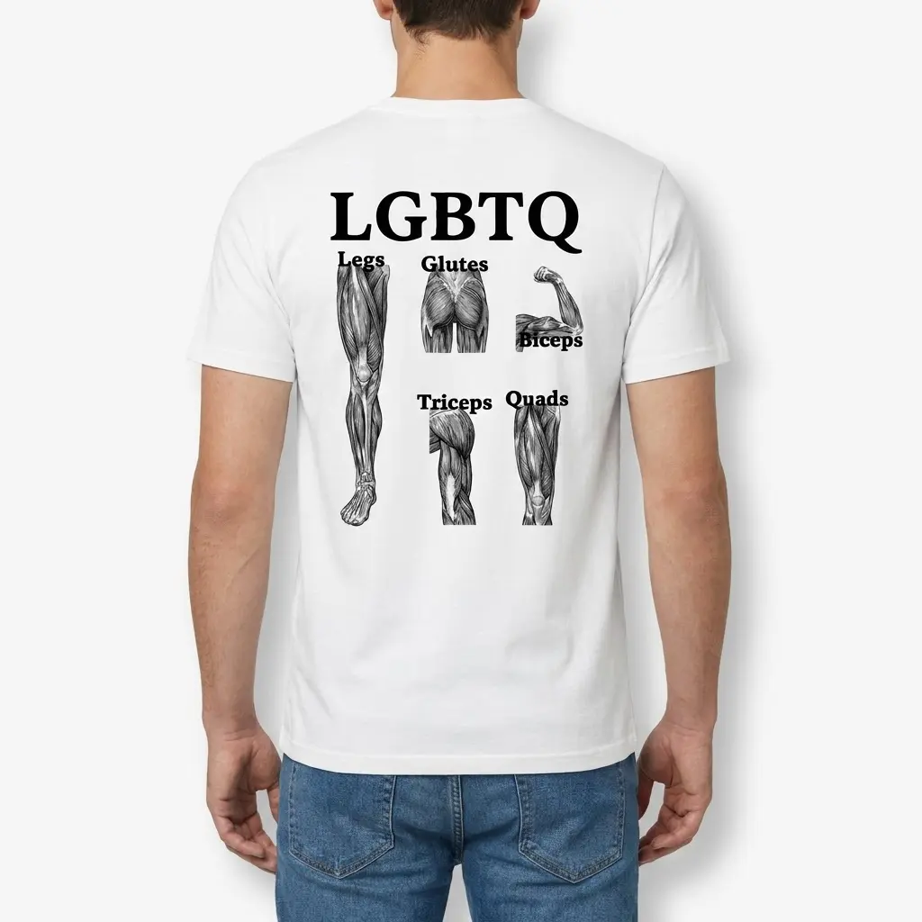 Male model showing the back of a white t-shirt printed with a humorous LGBTQ fitness muscle group acronym graphic