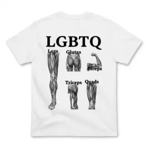 Funny LGBTQ Gym Workout Muscle Tank Top 7 Back of a white t-shirt laid flat showing a humorous gym graphic redefining LGBTQ as fitness muscle group acronyms