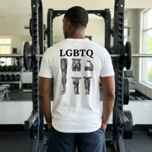 Funny LGBTQ Gym Workout Muscle T-Shirt 10 Lifestyle view of the funny LGBTQ gym workout shirt highlighting the humorous muscle group acronym back print
