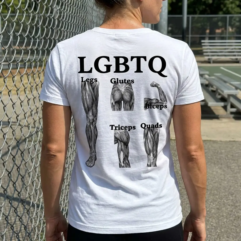 Additional lifestyle shot of the LGBTQ gym shirt showcasing the humorous fitness-themed back graphic design