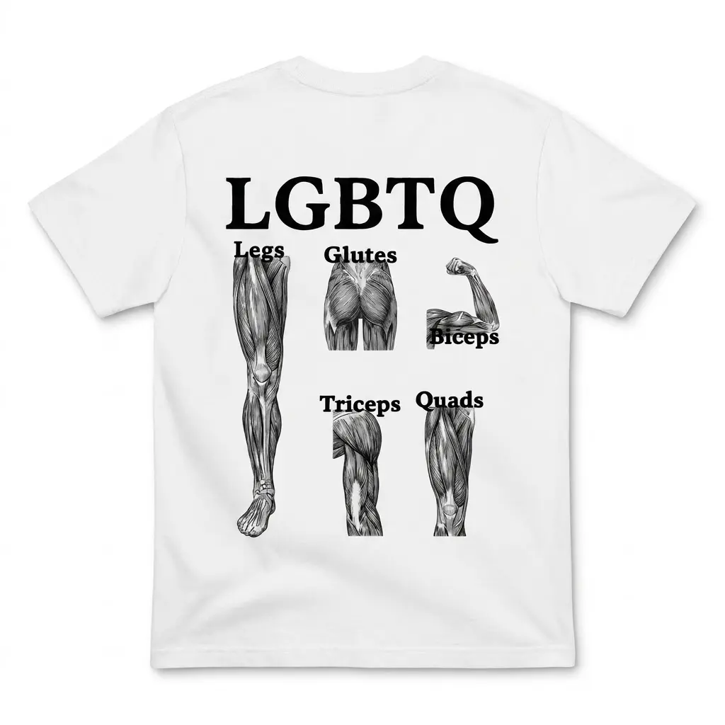 Back of a white t-shirt laid flat showing a humorous gym graphic redefining LGBTQ as fitness muscle group acronyms