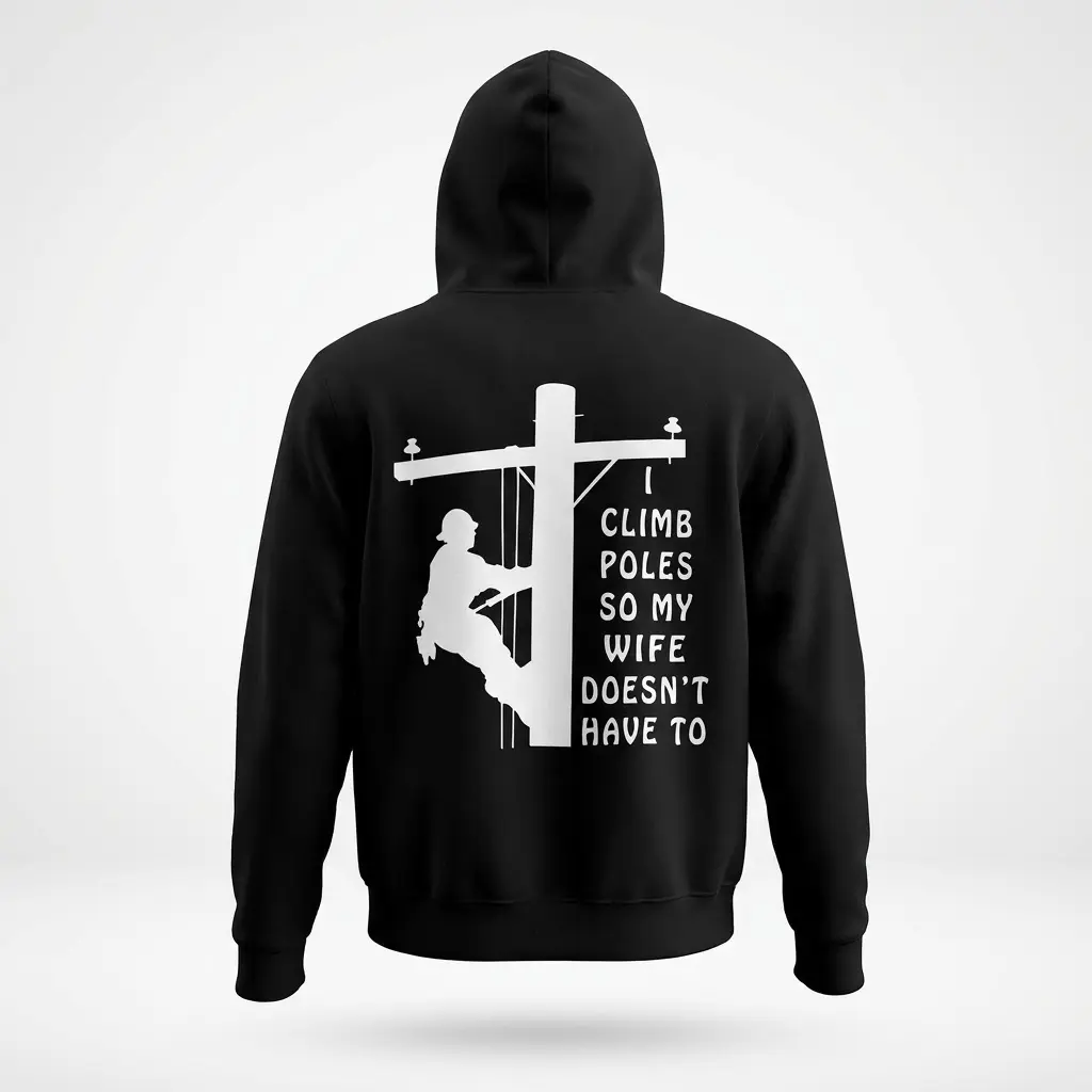 Back view flat lay of a hoodie featuring the I Climb Poles So My Wife Doesn't Have To design.