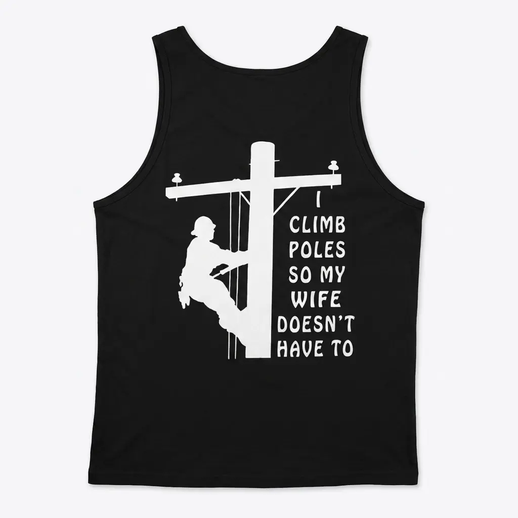 Flat lay back view of a tank top with white funny lineman husband graphic print.