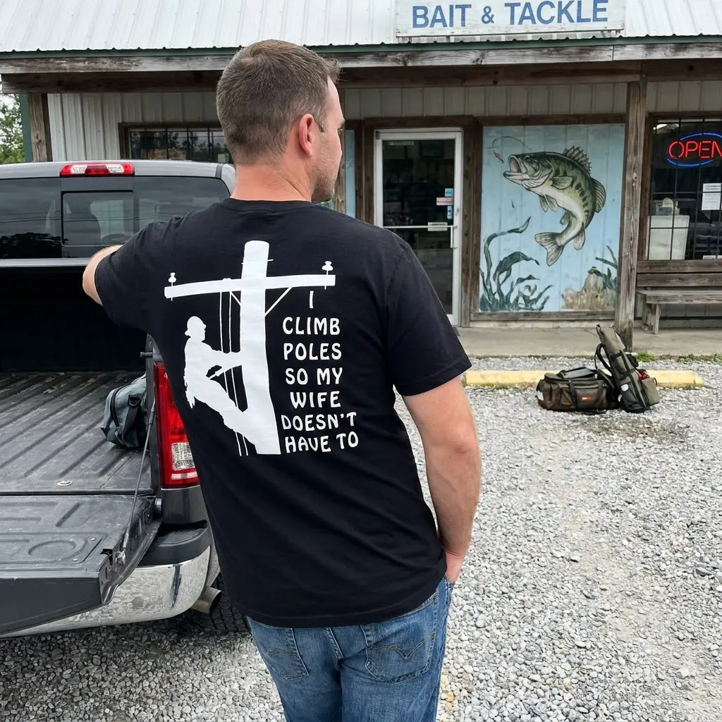 Outdoor lifestyle view showing the back print with utility pole climber graphic and text.