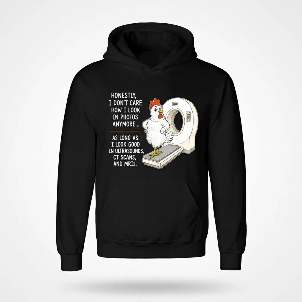 Mockup of a hoodie featuring a cartoon chicken with a CT scanner and a humorous medical quote.