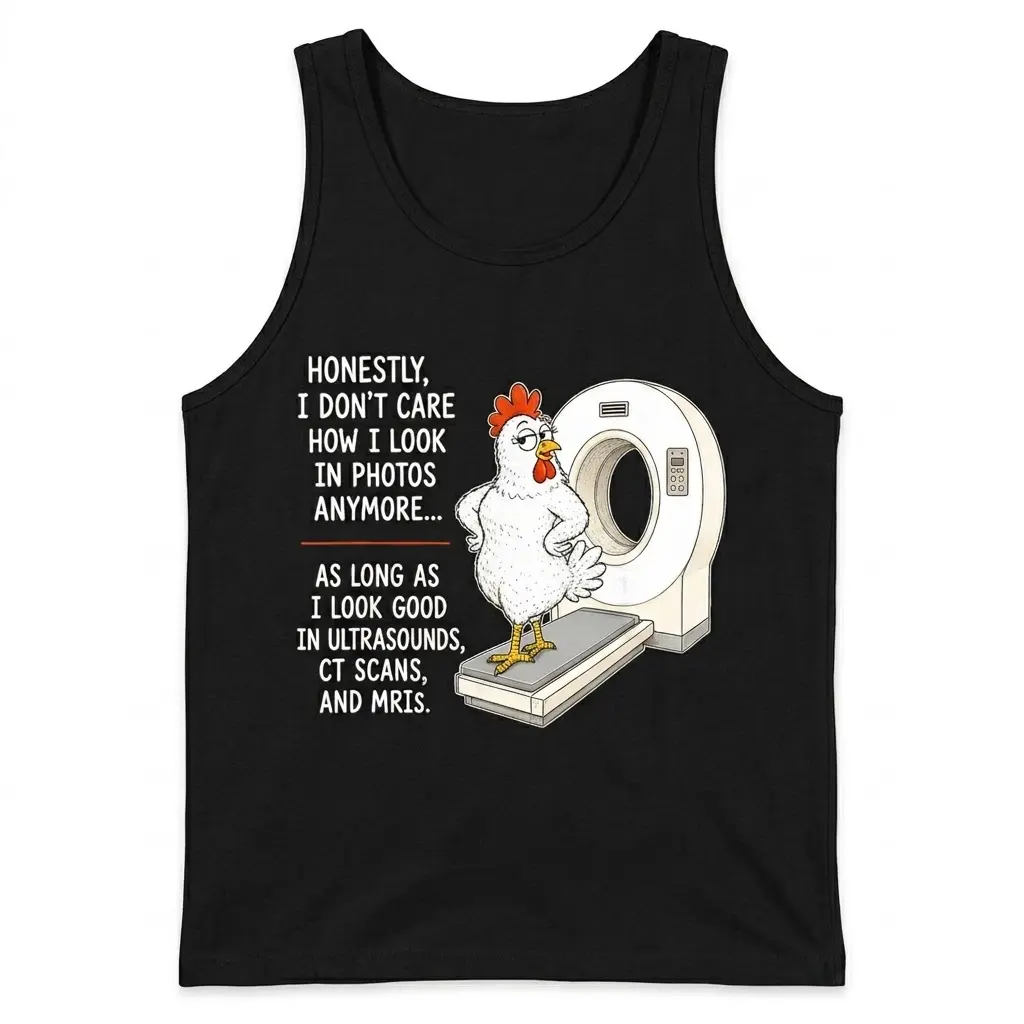Tank top mockup with a cartoon chicken beside a CT scanner and a funny medical-themed quote.
