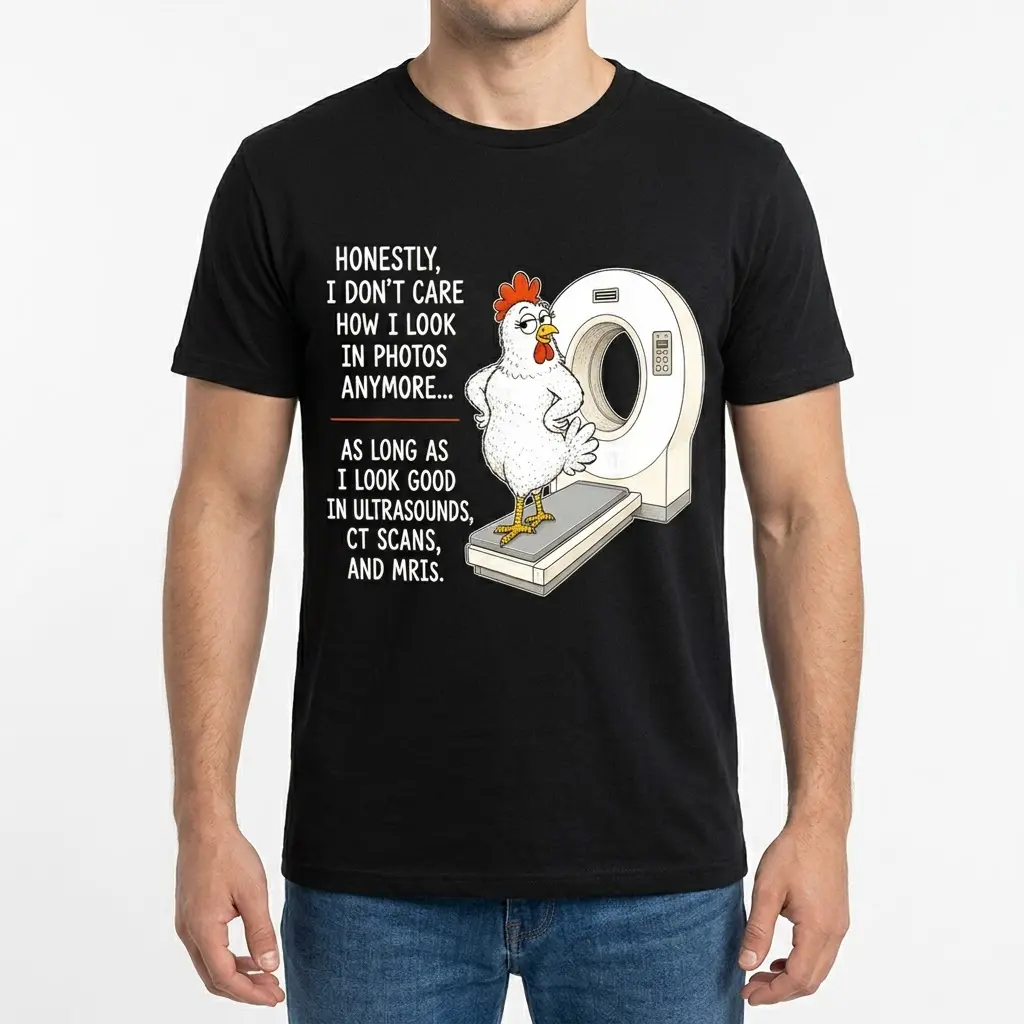 Male model wearing a t-shirt with a cartoon chicken and CT scanner, displaying a humor quote.