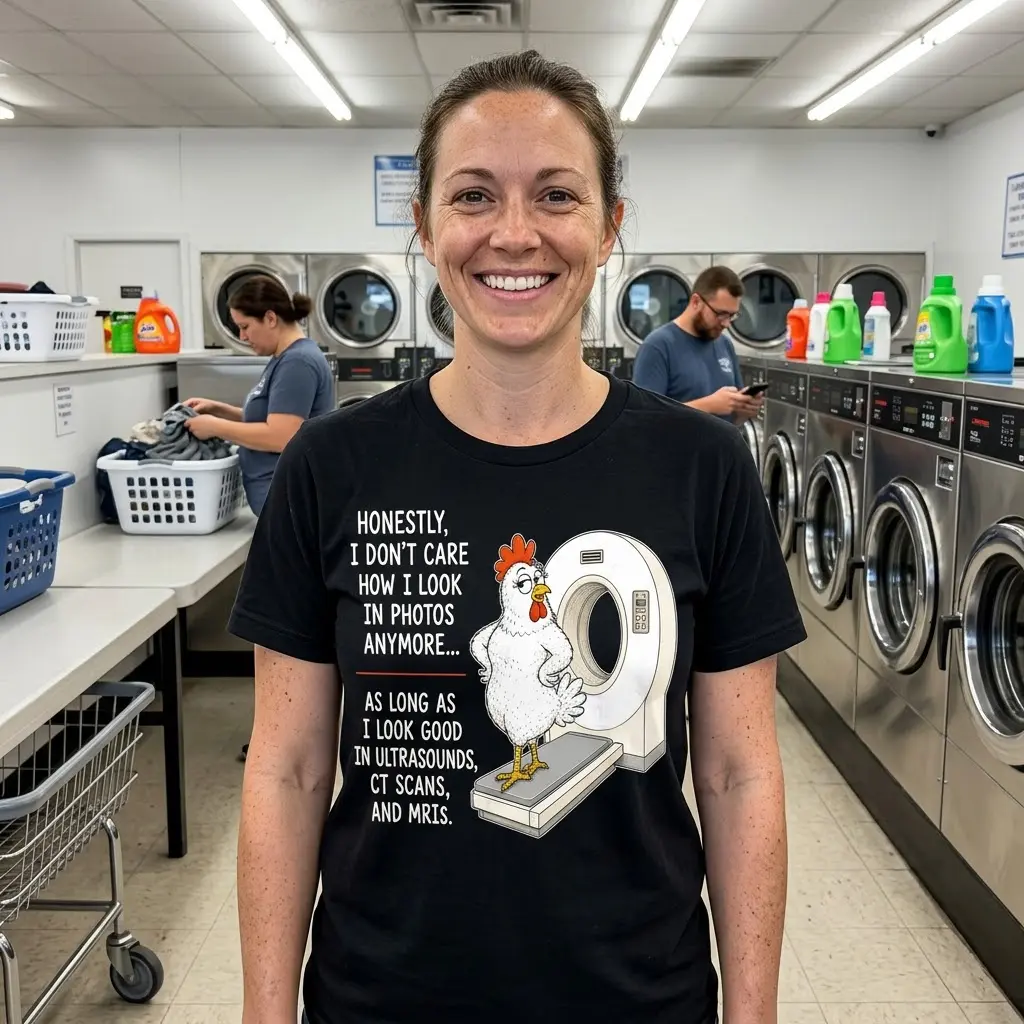 Person outdoors wearing t-shirt with humor design of a chicken and a CT scanner.