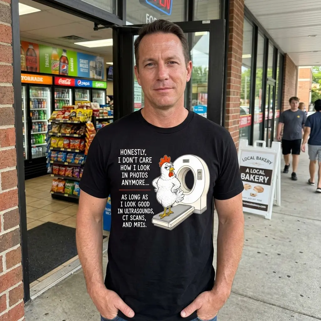 Casual setting with someone wearing a humorous t-shirt featuring a chicken and medical humor.