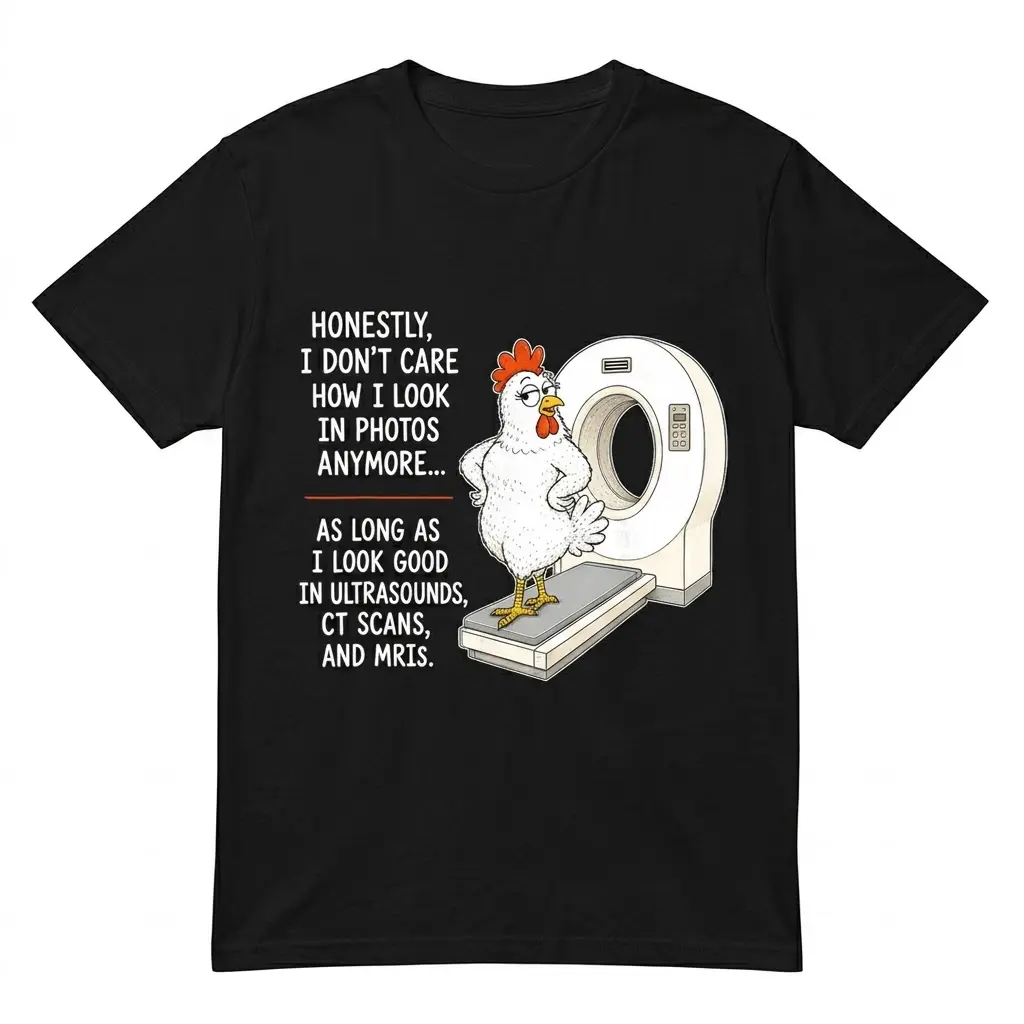 Black t-shirt with a cartoon chicken and a CT scanner, featuring a sarcastic medical humor quote.