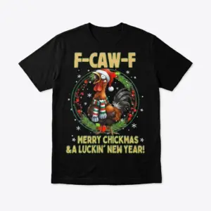 Flat lay of a black t-shirt with a screaming Christmas rooster and sarcastic holiday text.