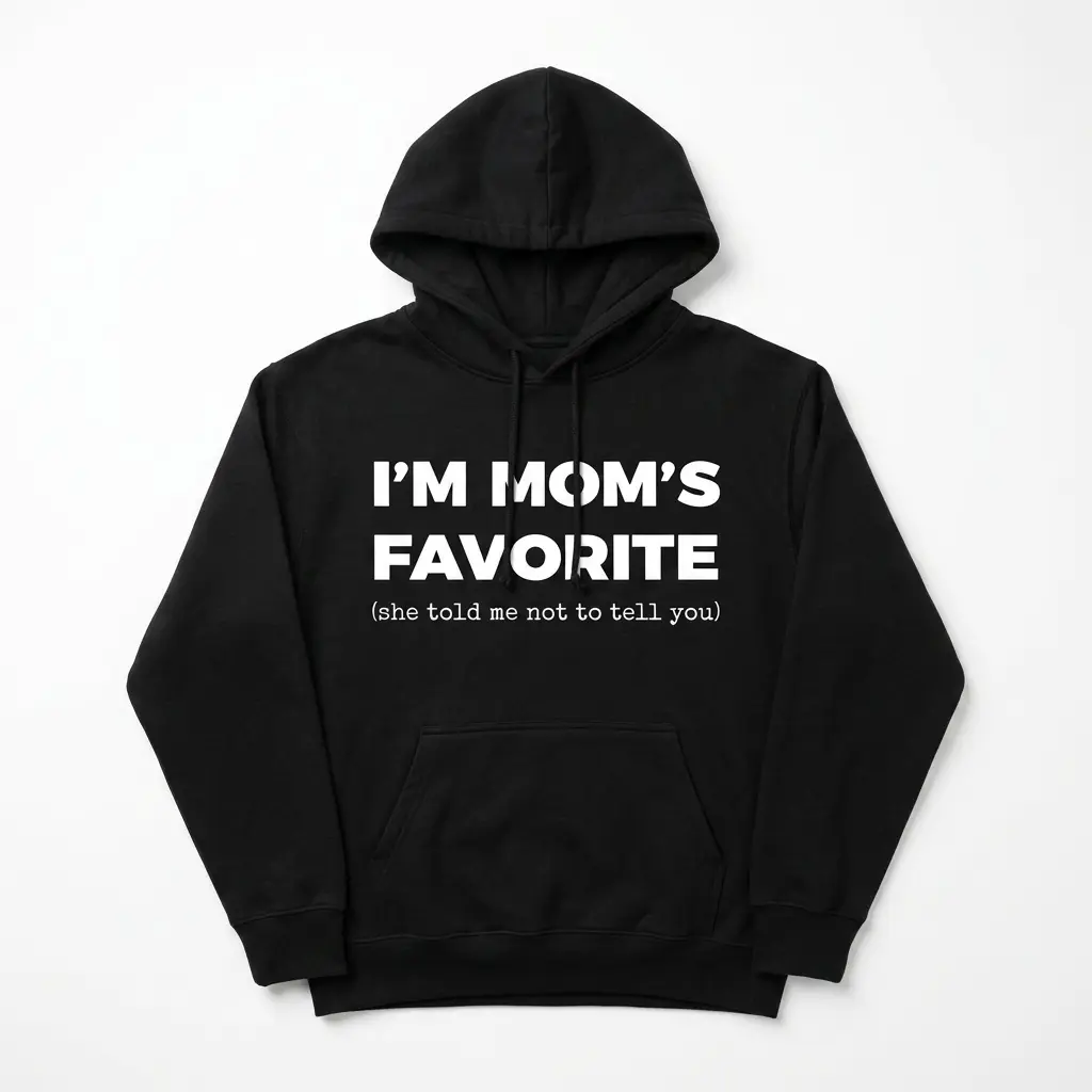 Black T-shirt featuring humorous white text about being mom's favorite.