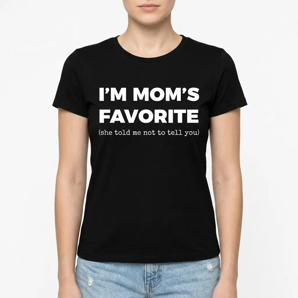 Front view of black Tee with funny message about being mom's favorite.