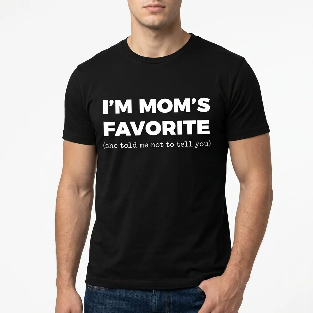 Detailed view of humor shirt with playful text about favoritism.