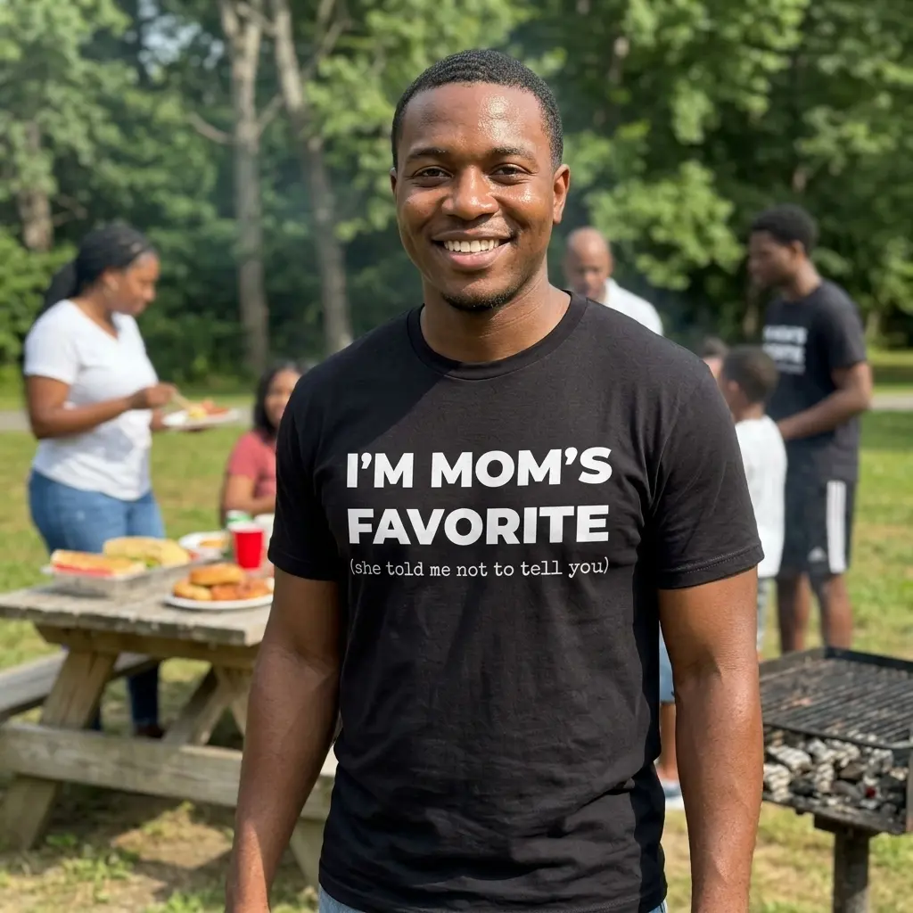 Model wearing a black T-shirt with the humorous phrase about being mom's favorite.