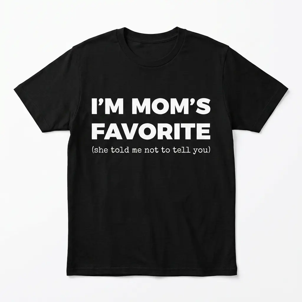 Black T-shirt with white text: 'I'm Mom's Favorite (she told me not to tell you)'.