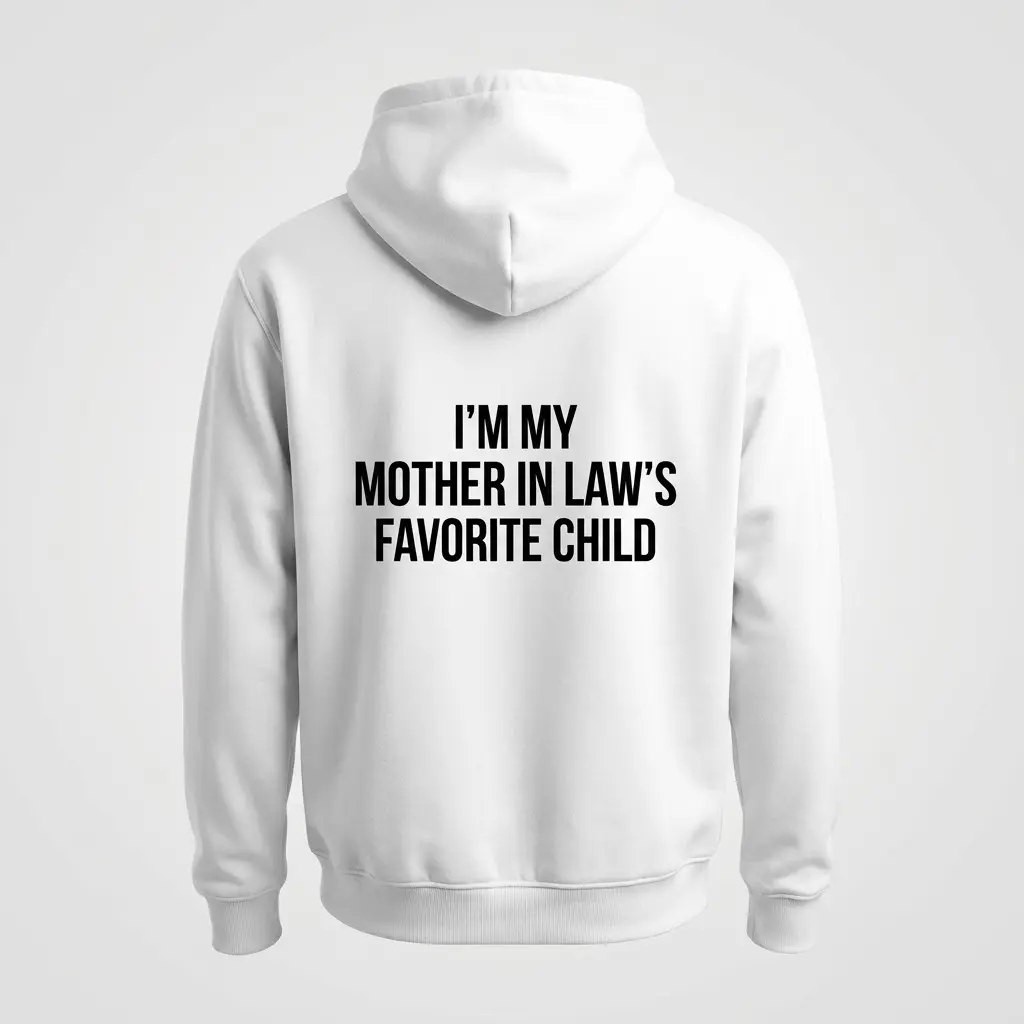 Funny Mother-in-Law's Favorite Child T-Shirt 2 Back view flat lay of a hoodie featuring the quote 'I'm My Mother In Law's Favorite Child'.