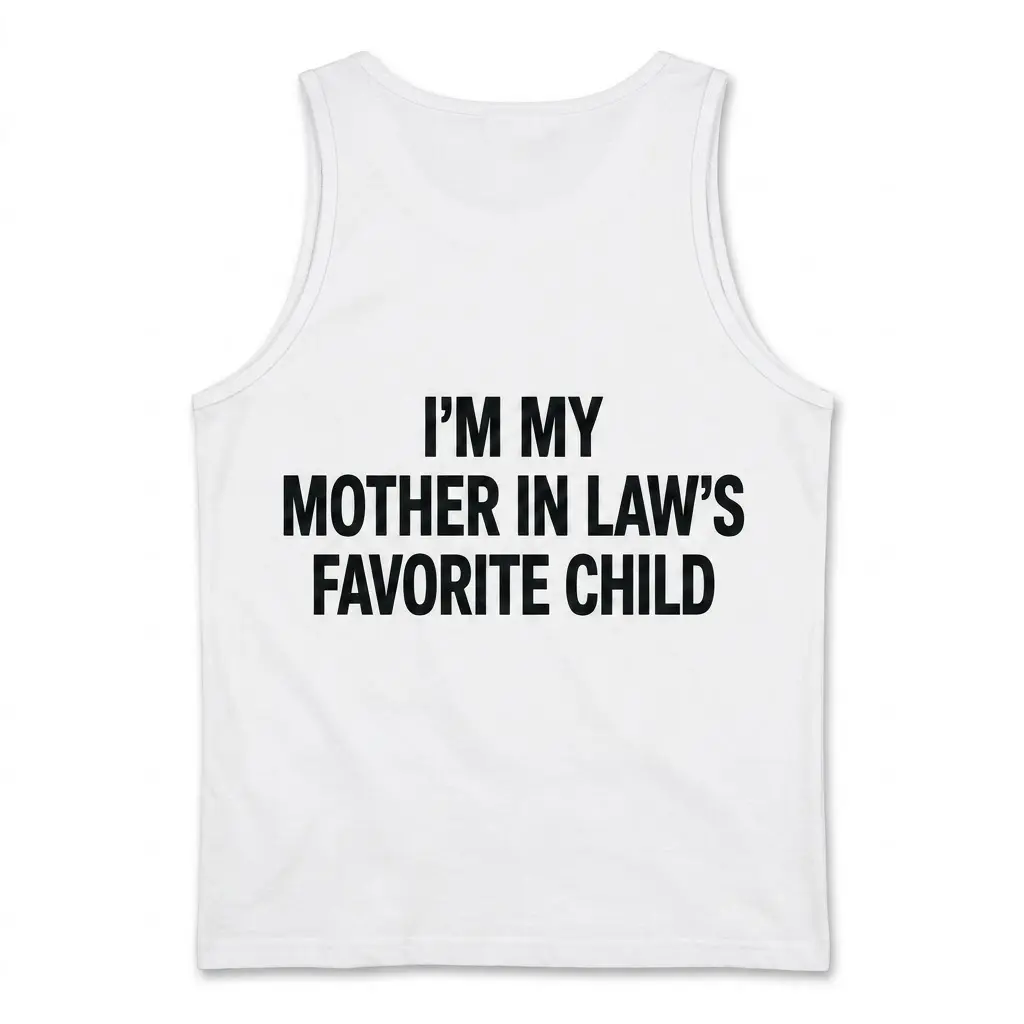 Funny Mother-in-Law's Favorite Child T-Shirt 3 Back flat lay view of a casual tank top printed with 'I'm My Mother In Law's Favorite Child'.