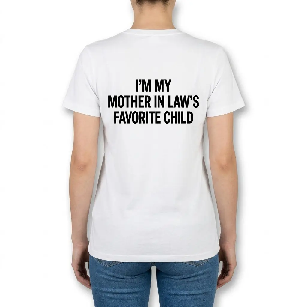 Funny Mother-in-Law's Favorite Child T-Shirt 4 Back view of a woman wearing the shirt with 'I'm My Mother In Law's Favorite Child' printed across the back.