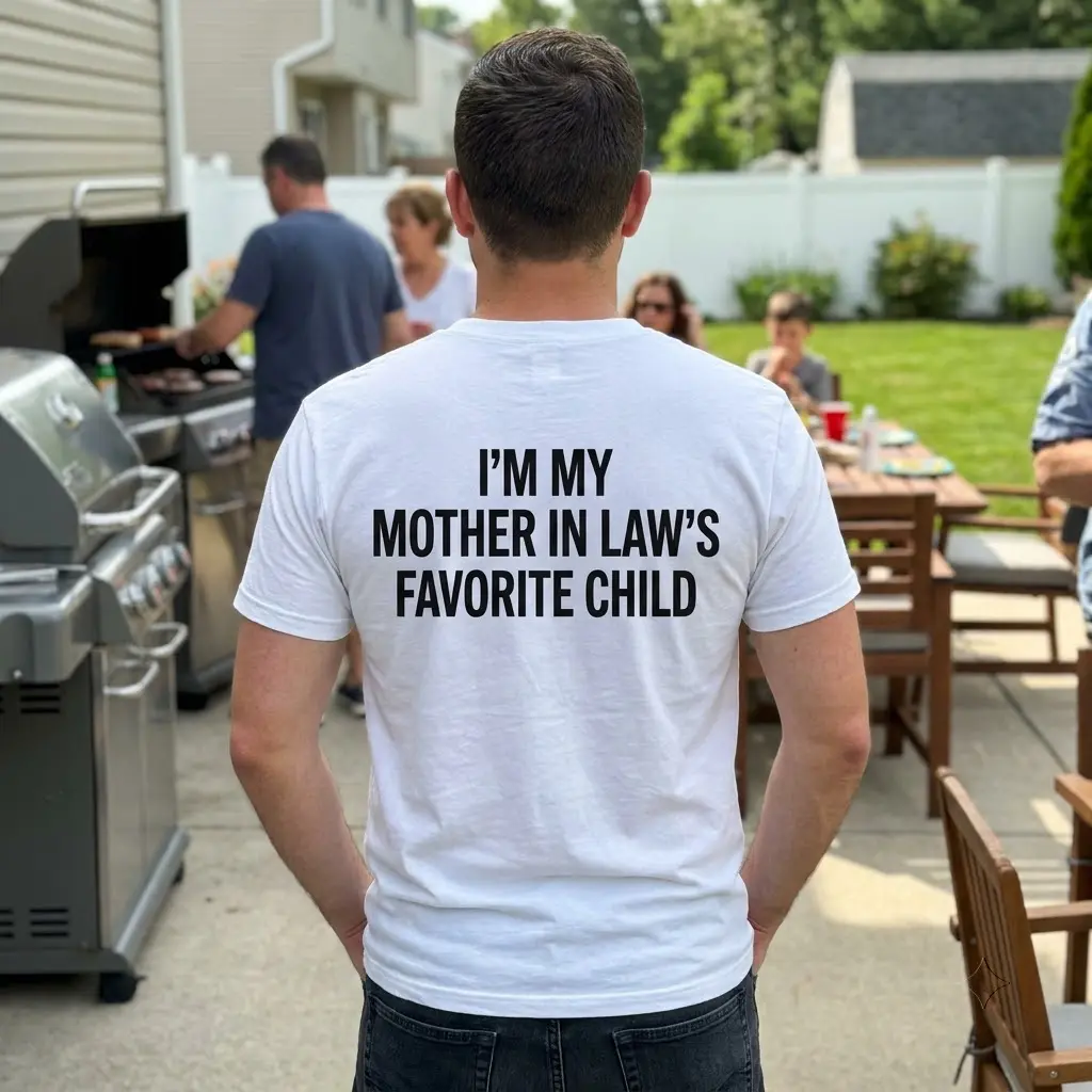 Funny Mother-in-Law's Favorite Child T-Shirt 5 Lifestyle display featuring the 'I'm My Mother In Law's Favorite Child' quote shirt in daily wear.