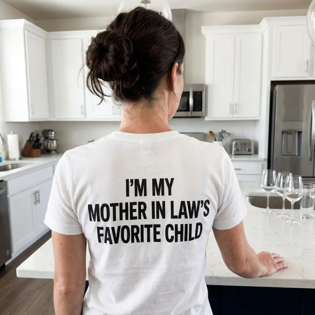 Funny Mother-in-Law's Favorite Child T-Shirt 6 Casual lifestyle scene showcasing the humorous mother-in-law favorite child graphic apparel.